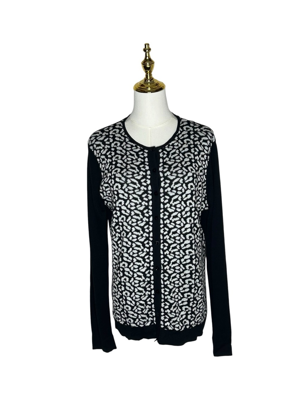 August Silk Heritage Black White Leopard-Pattern Cardigan Mob Wife Sz L NWT